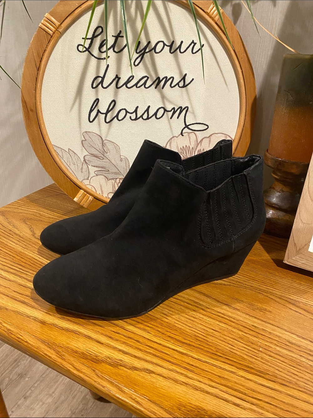 new directions Black Suede Wedge Ankle Booties